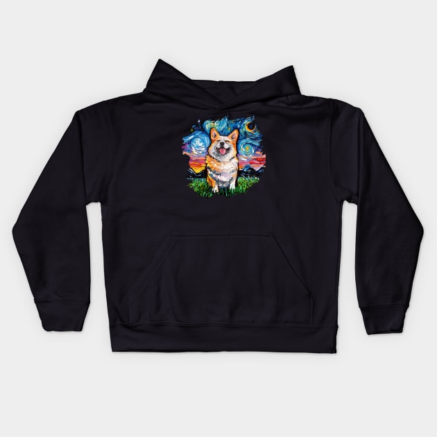 Smiling Corgi Night with border Kids Hoodie by sagittariusgallery